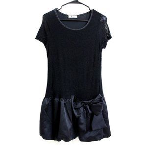 Women Knit Floral Dress with Ribbon Black XS